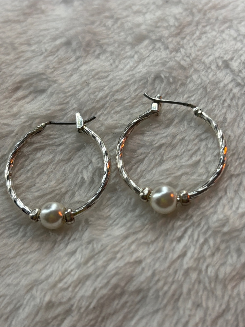 Silver Hoop Earrings with Pearl Accent - Women Jewelry